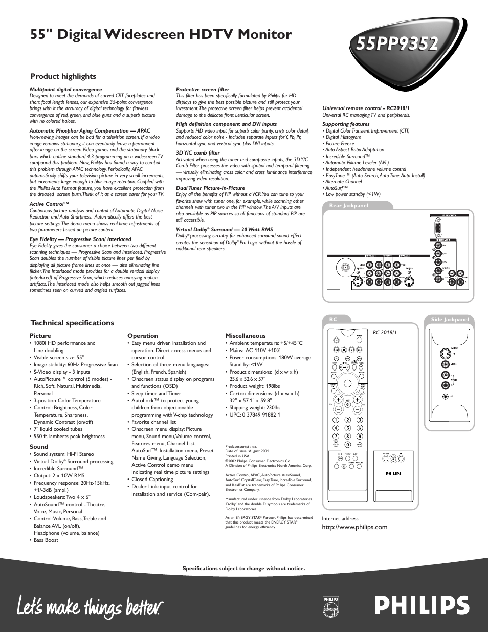 55" digital widescreen hdtv monitor, Product highlights technical specifications | Philips 55PP 9352 User Manual | Page 2 / 2