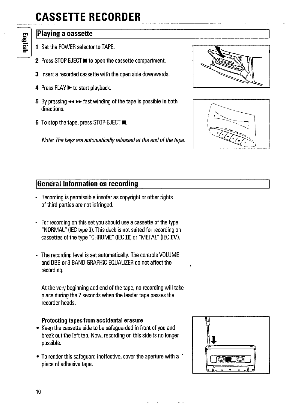 Cassette recorder, Playing a cassette, General information on recording | Philips AZ8061 User Manual | Page 10 / 16