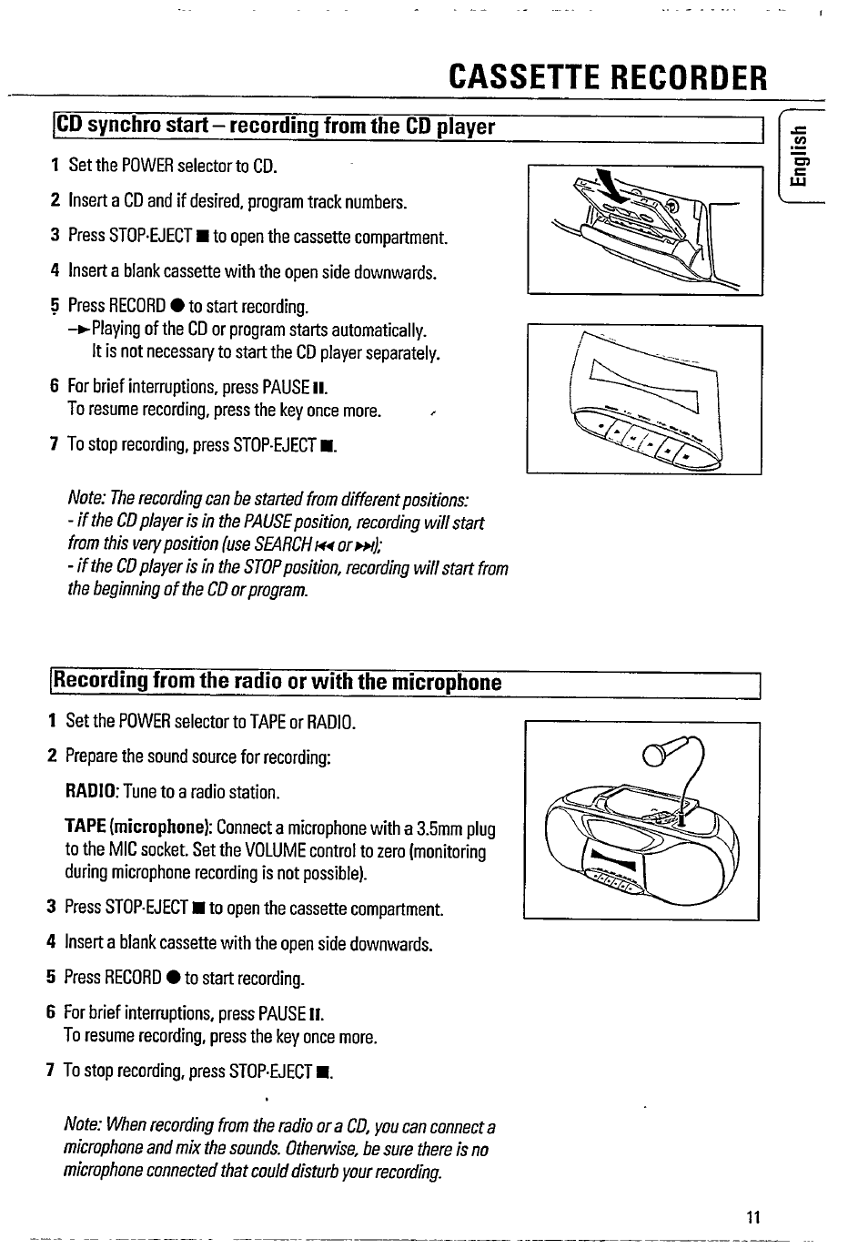 Cassette recorder, Cd synchro start - recording from the cd player, Recording from the radio or with the microphone | Philips AZ8061 User Manual | Page 11 / 16