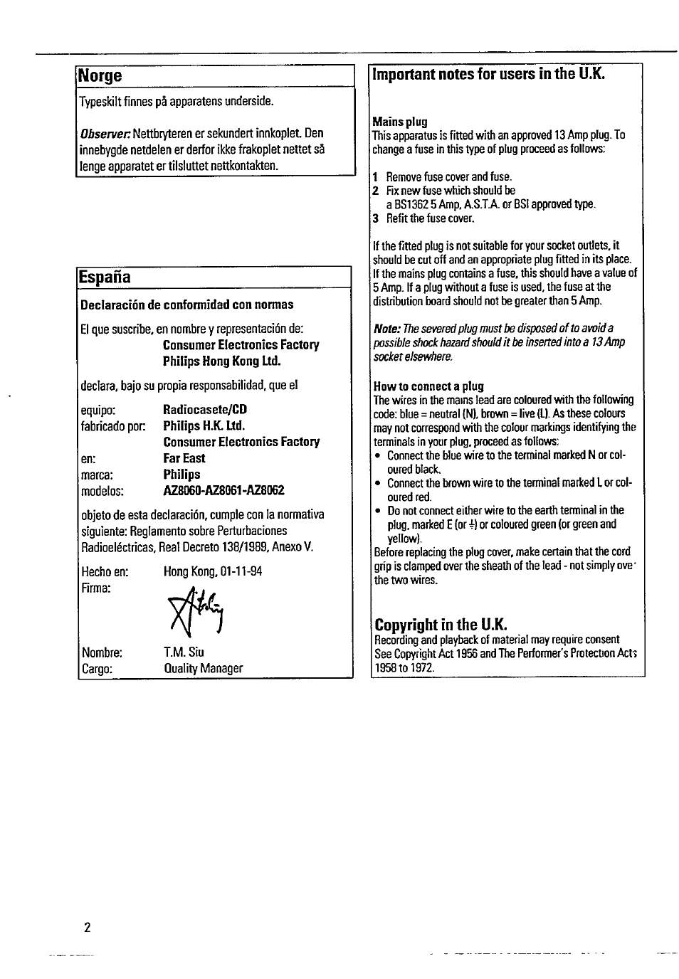 Norge, España, Copyright in the u.k | Philips AZ8061 User Manual | Page 2 / 16