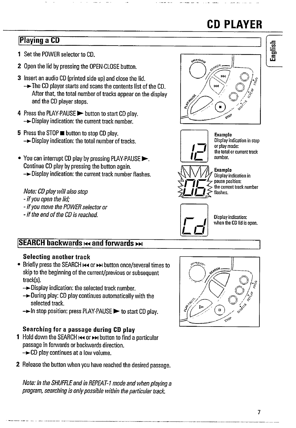 Cd player, Playing a cd, Search backwards and forwards | Philips AZ8061 User Manual | Page 7 / 16