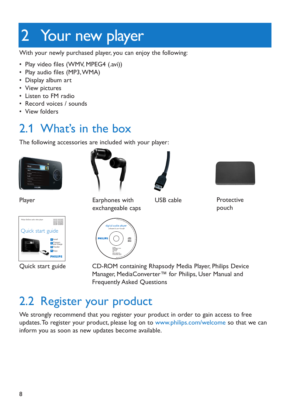 2 your new player, 1 what’s in the box, 2 register your product | Your new player, What’s in the box, Register your product,  what’s in the box | Philips SA5295 User Manual | Page 10 / 42