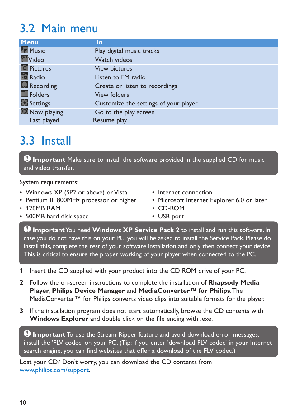 2 main menu, 3 install, Main menu | Install | Philips SA5295 User Manual | Page 12 / 42