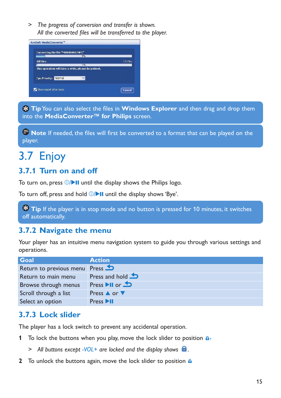 7 enjoy, 1 turn on and off, 2 navigate the menu | 3 lock slider, Enjoy, Turn on and off, Navigate the menu, Lock slider | Philips SA5295 User Manual | Page 17 / 42