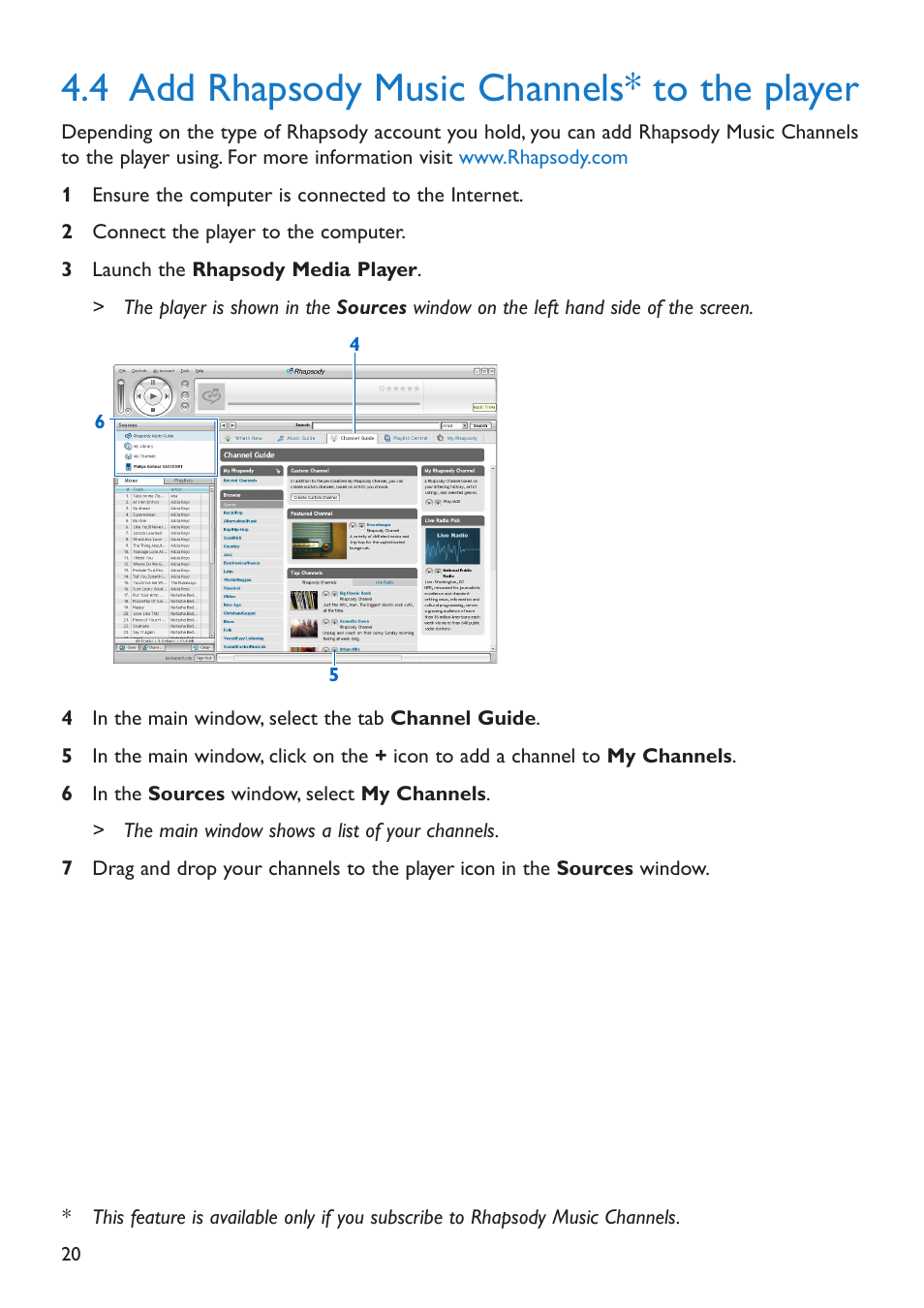 4 add rhapsody music channels* to the player, Add rhapsody music channels to the player | Philips SA5295 User Manual | Page 22 / 42
