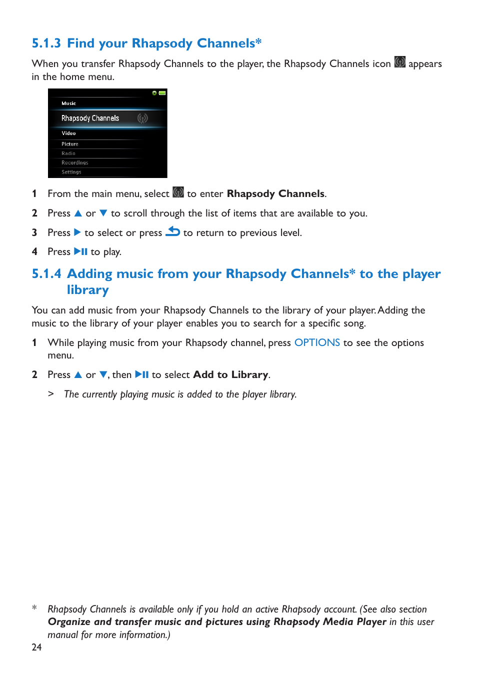 3 find your rhapsody channels, Find your rhapsody channels | Philips SA5295 User Manual | Page 26 / 42