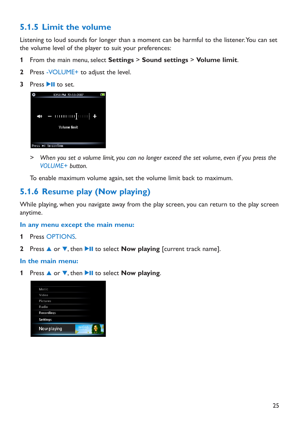 5 limit the volume, 6 resume play (now playing), Limit the volume | Resume play (now playing) | Philips SA5295 User Manual | Page 27 / 42