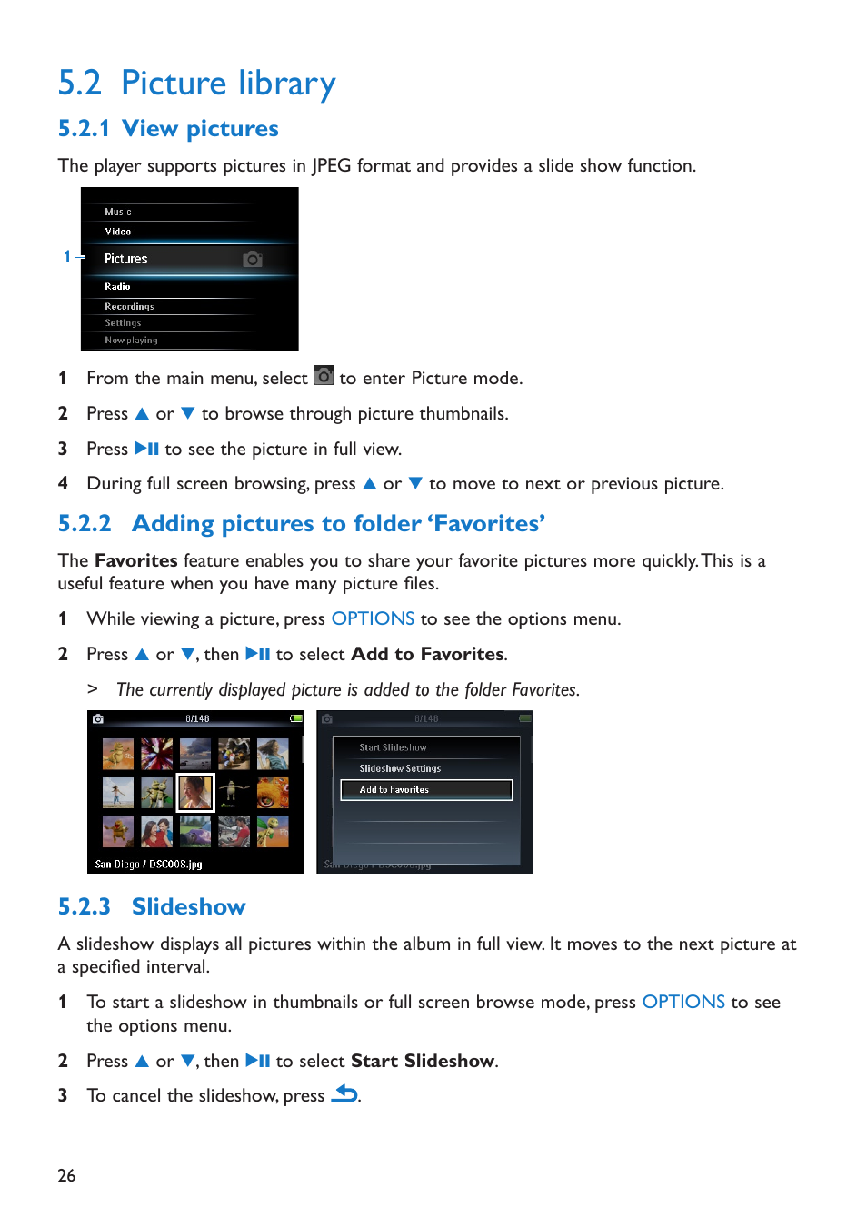 2 picture library, 1 view pictures, 2 adding pictures to folder ‘favorites | 3 slideshow, Picture library, View pictures, Adding pictures to folder ‘favorites, Slideshow | Philips SA5295 User Manual | Page 28 / 42