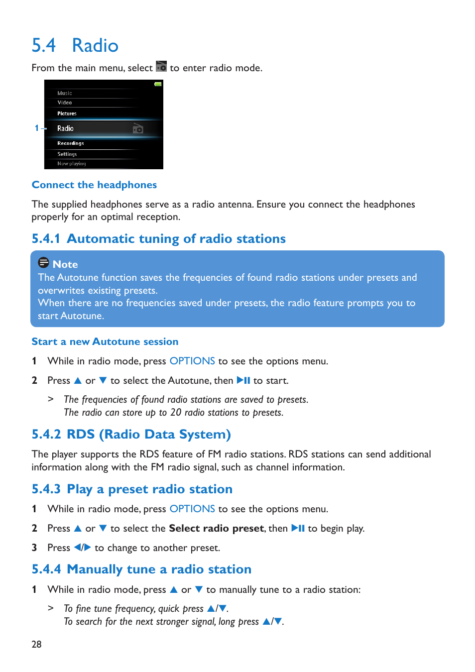 4 radio, 1 automatic tuning of radio stations, 2 rds (radio data system) | 3 play a preset radio station, 4 manually tune a radio station, Radio, Automatic tuning of radio stations, Rds (radio data system), Play a preset radio station, Manually tune a radio station | Philips SA5295 User Manual | Page 30 / 42