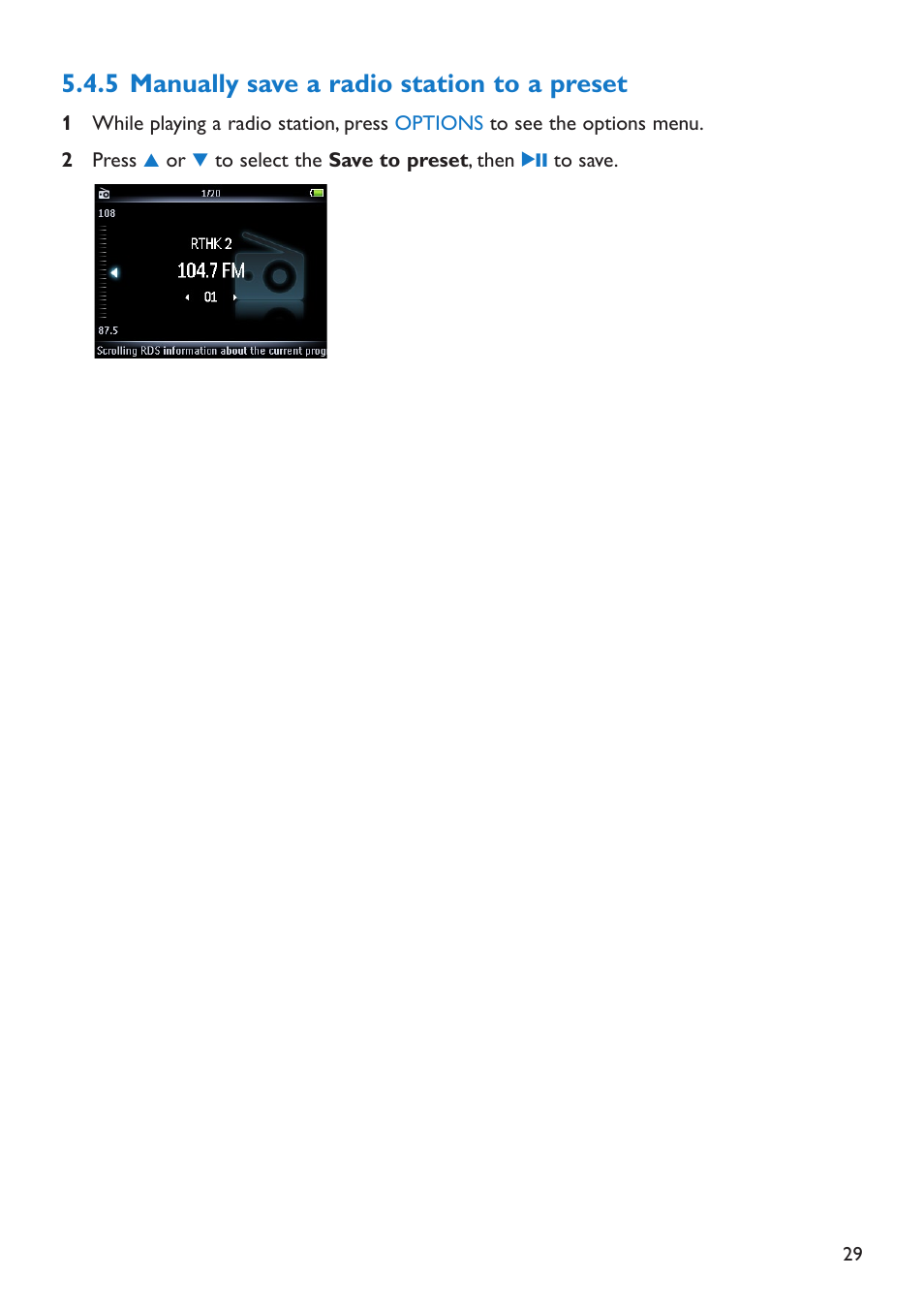 5 manually save a radio station to a preset, Manually save a radio station to a preset | Philips SA5295 User Manual | Page 31 / 42