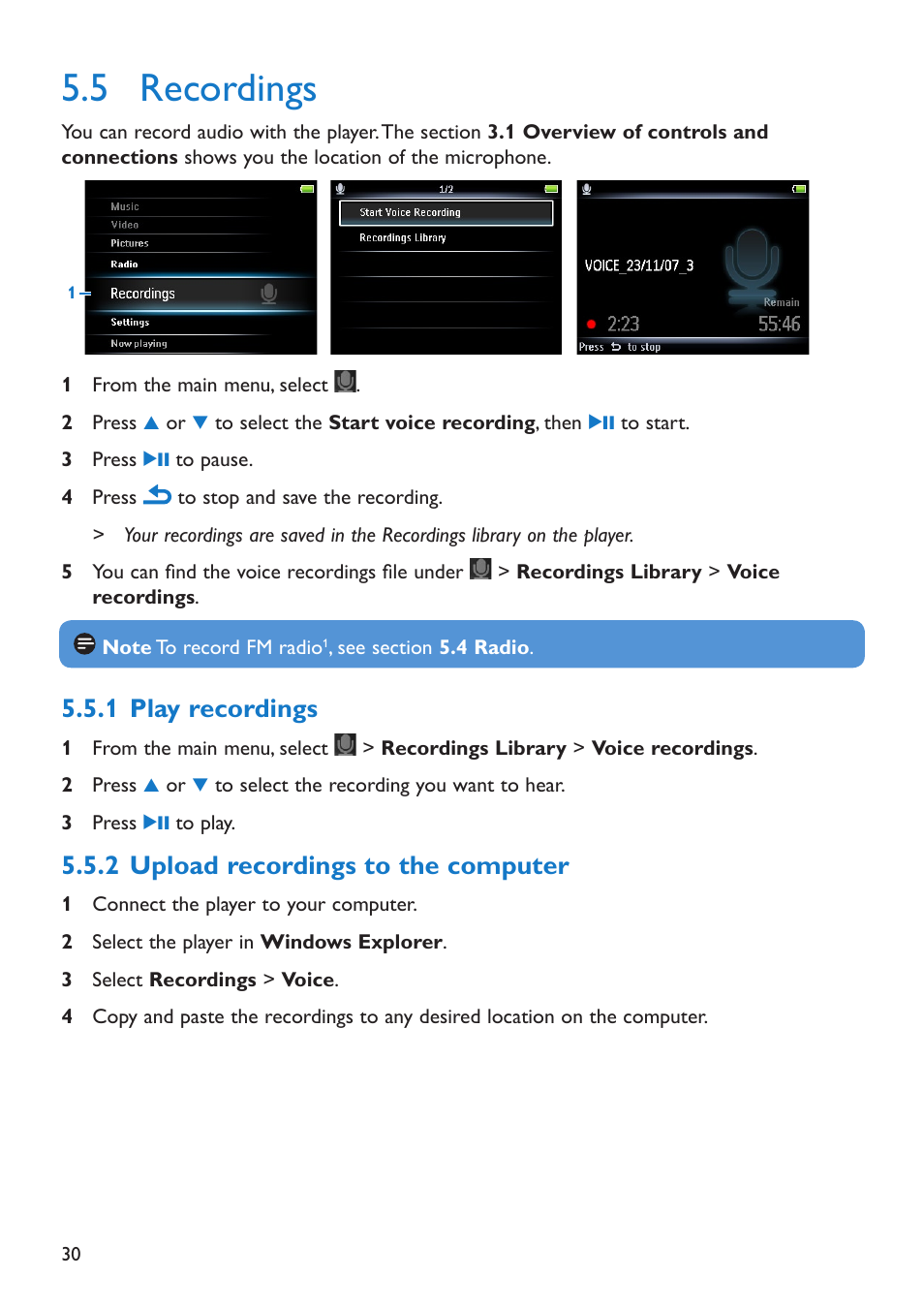5 recordings, 1 play recordings, 2 upload recordings to the computer | Recordings, Play recordings, Upload recordings to the computer | Philips SA5295 User Manual | Page 32 / 42