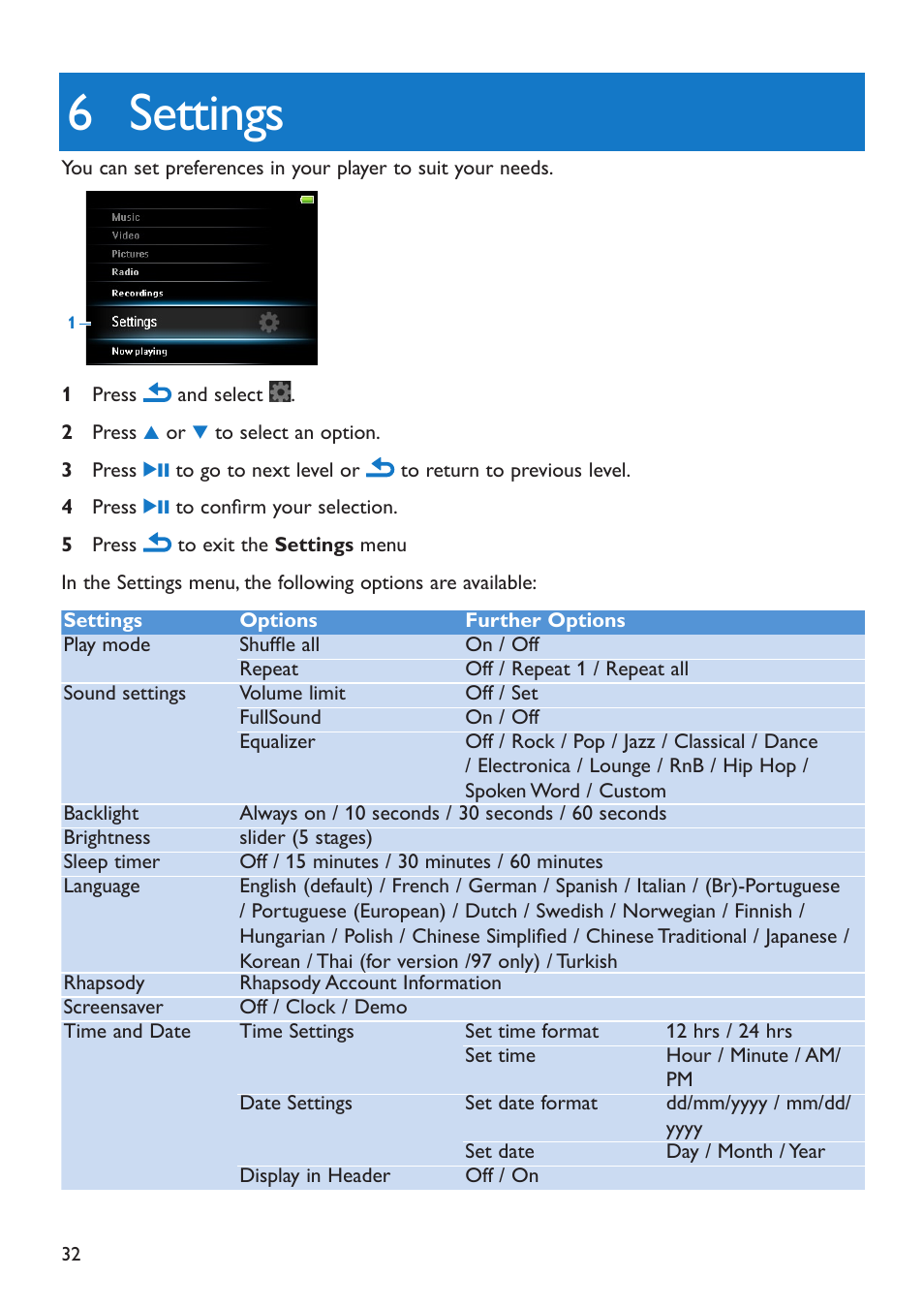 6 settings, Settings | Philips SA5295 User Manual | Page 34 / 42