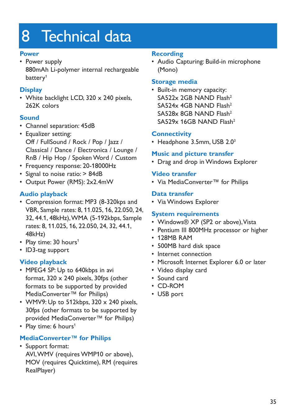 8 technical data, Technical data | Philips SA5295 User Manual | Page 37 / 42