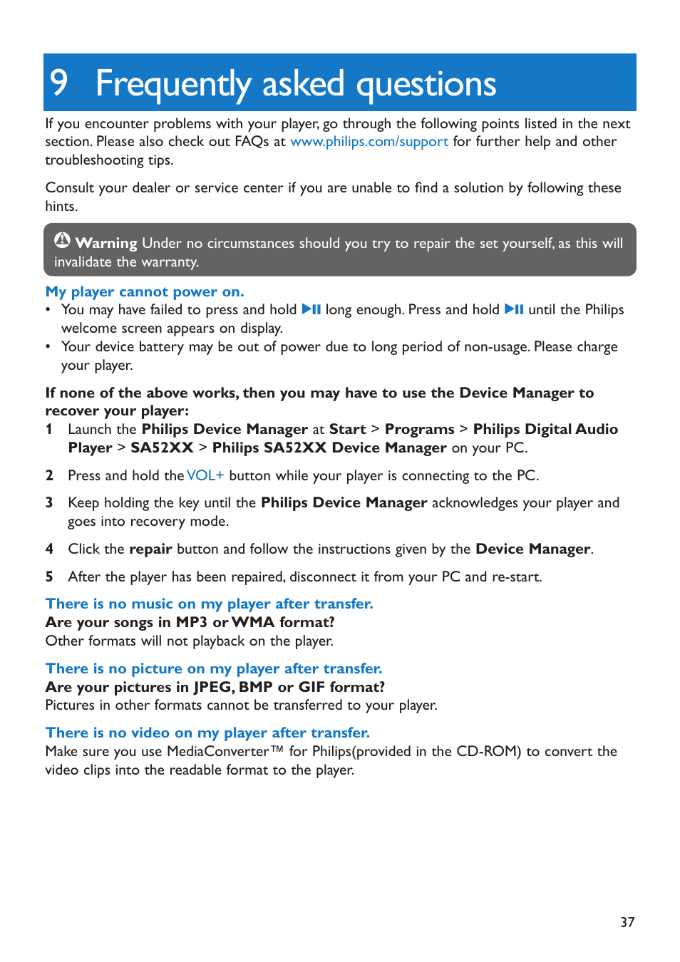 9 frequently asked questions, Frequently asked questions | Philips SA5295 User Manual | Page 39 / 42