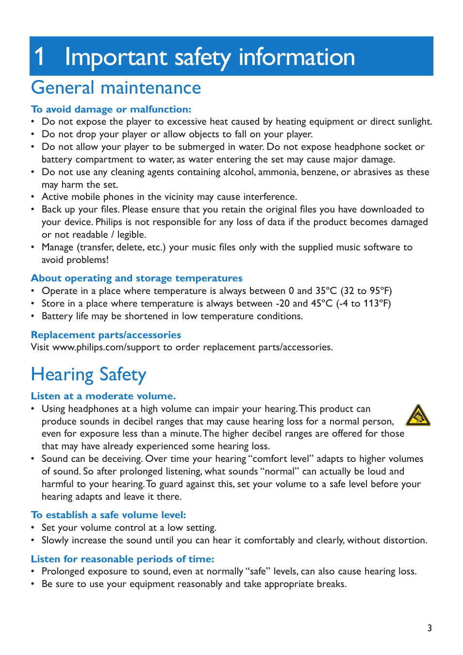 1 important safety information, Important safety information, General maintenance | Hearing safety | Philips SA5295 User Manual | Page 5 / 42