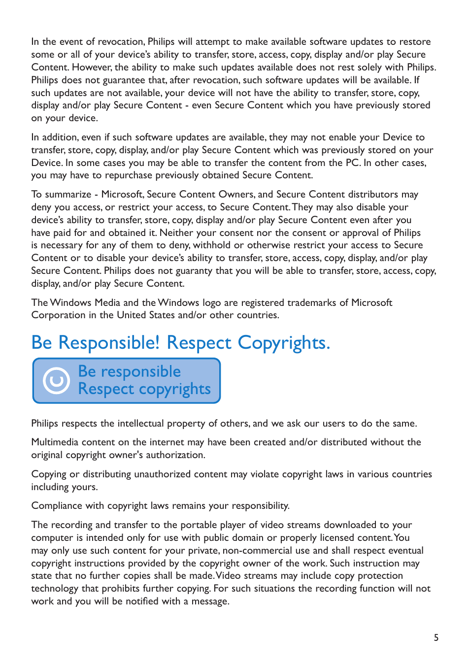 Be responsible! respect copyrights | Philips SA5295 User Manual | Page 7 / 42