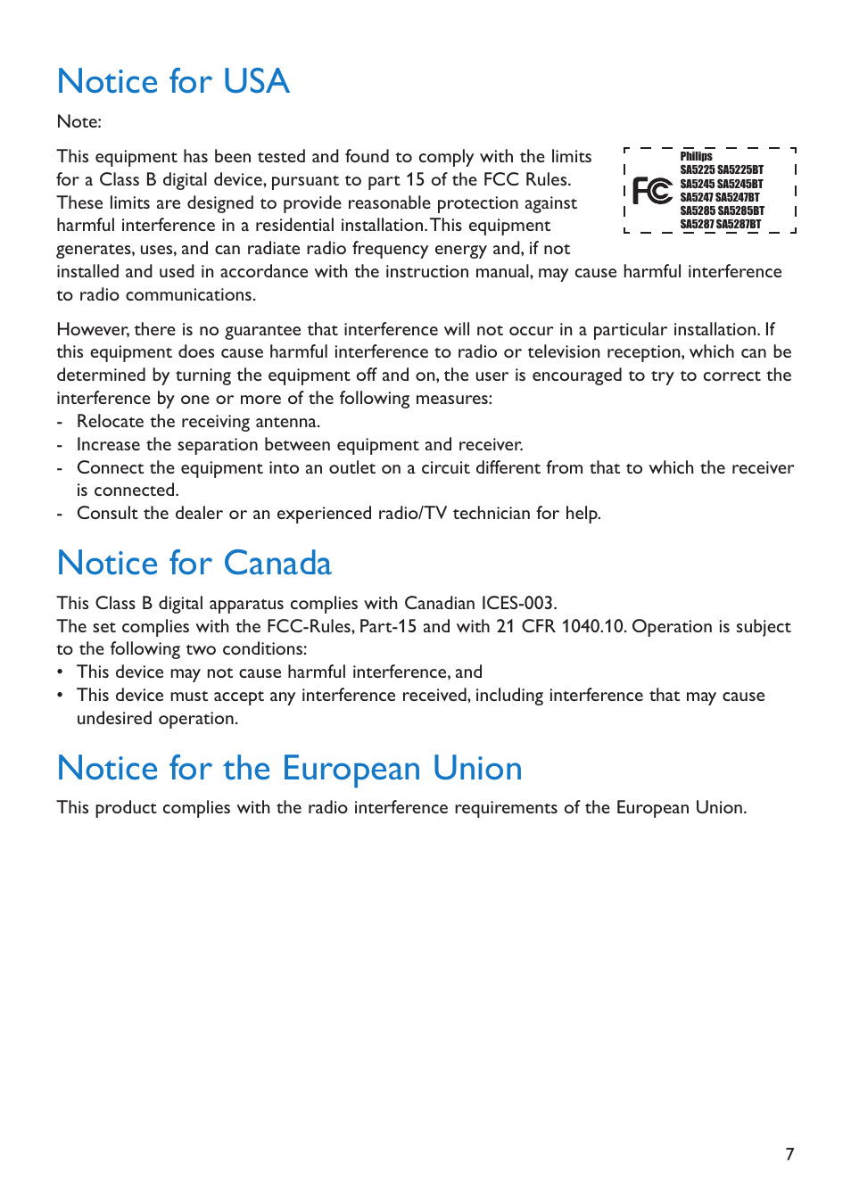 Notice for usa, Notice for canada, Notice for the european union | Philips SA5295 User Manual | Page 9 / 42