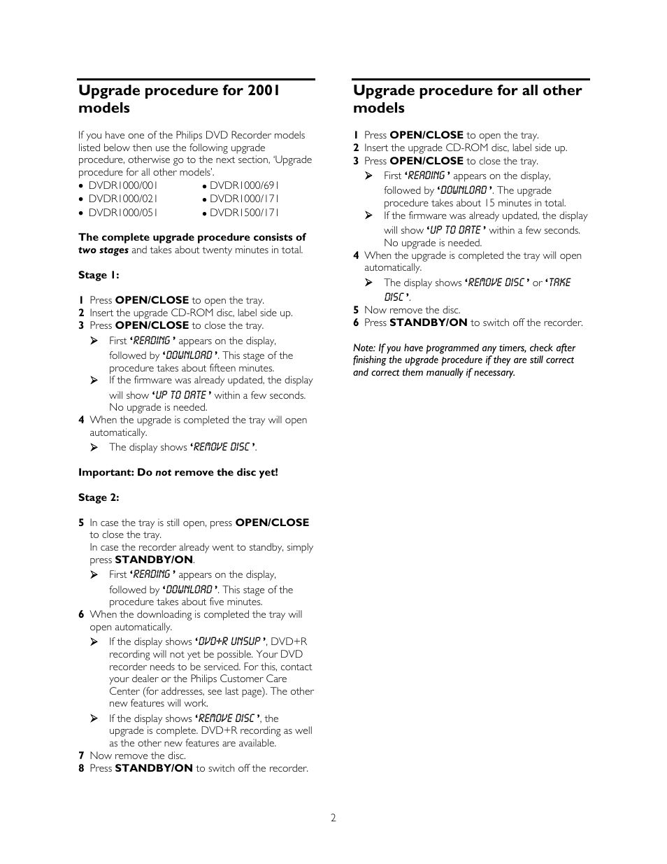 Upgrade procedure for all other models, Upgrade procedure for 2001 models | Philips DVD Recorder User Manual | Page 2 / 4