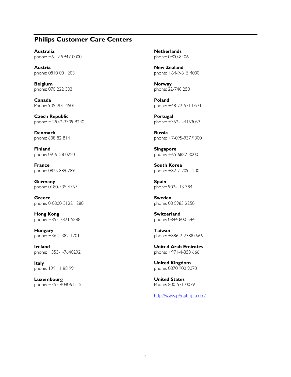 Philips customer care centers, Austria, Belgium | Canada, Czech republic, Denmark, Finland, France, Germany, Greece | Philips DVD Recorder User Manual | Page 4 / 4