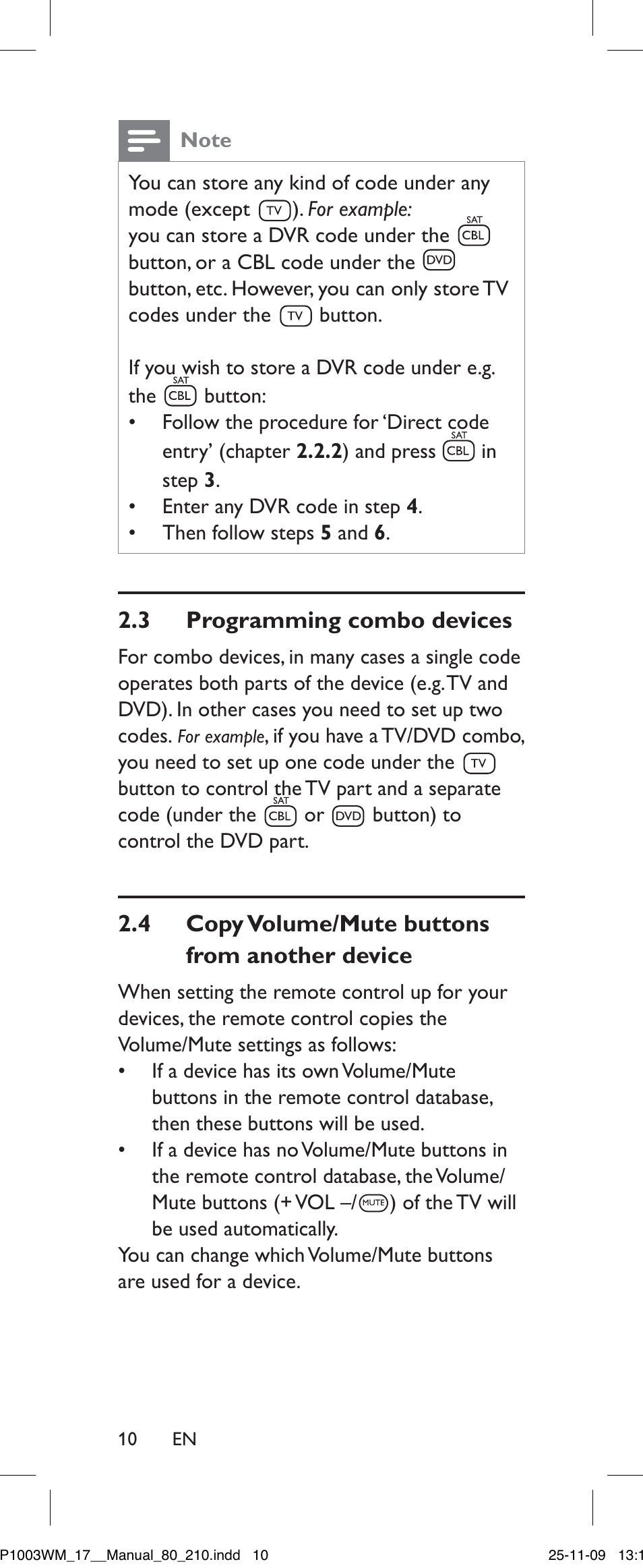 Note, Programming combo devices, Copy volume/mute buttons from another device | 3 programmingcombodevices, 3 programming combo devices, 4 copy volume/mute buttons from another device | Philips SRP1003WM/17 User Manual | Page 10 / 40