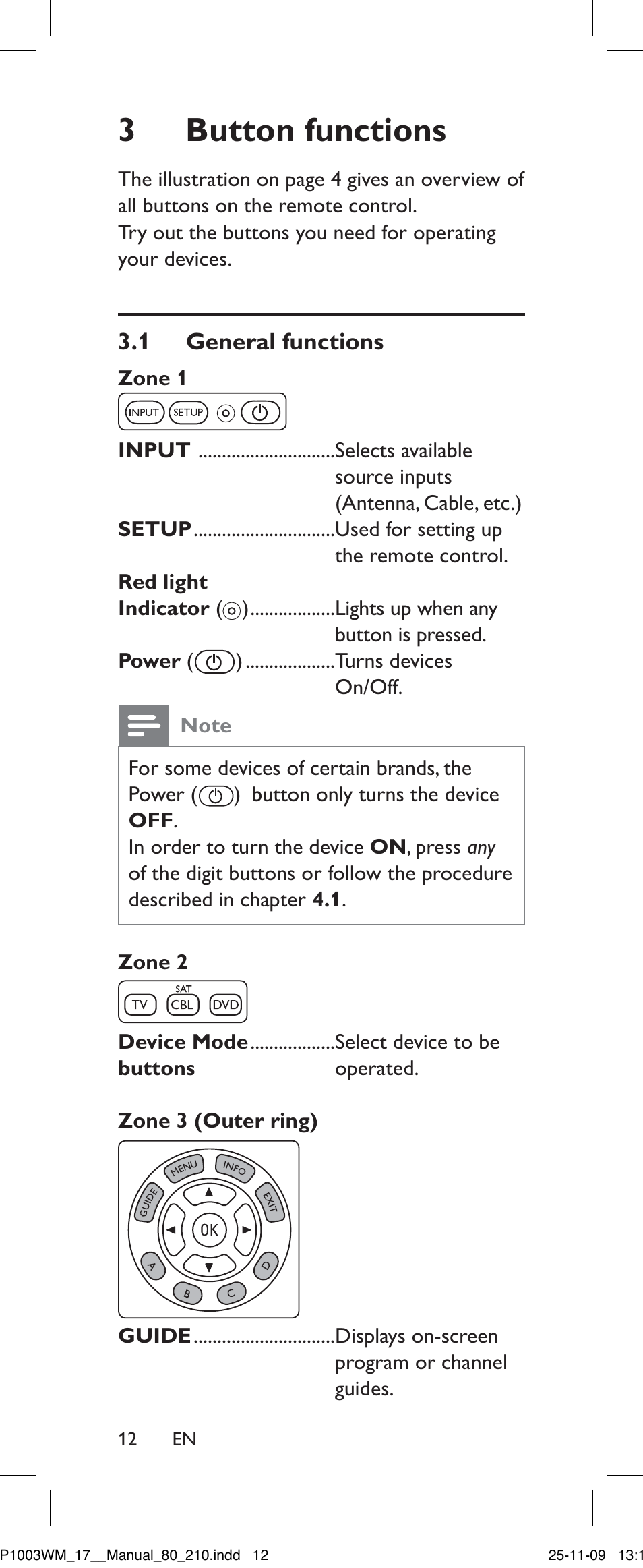 Button functions, 1 general functions, Zone 1 | Note, Zone 2, Buttonfunctions, 1 generalfunctions | Philips SRP1003WM/17 User Manual | Page 12 / 40