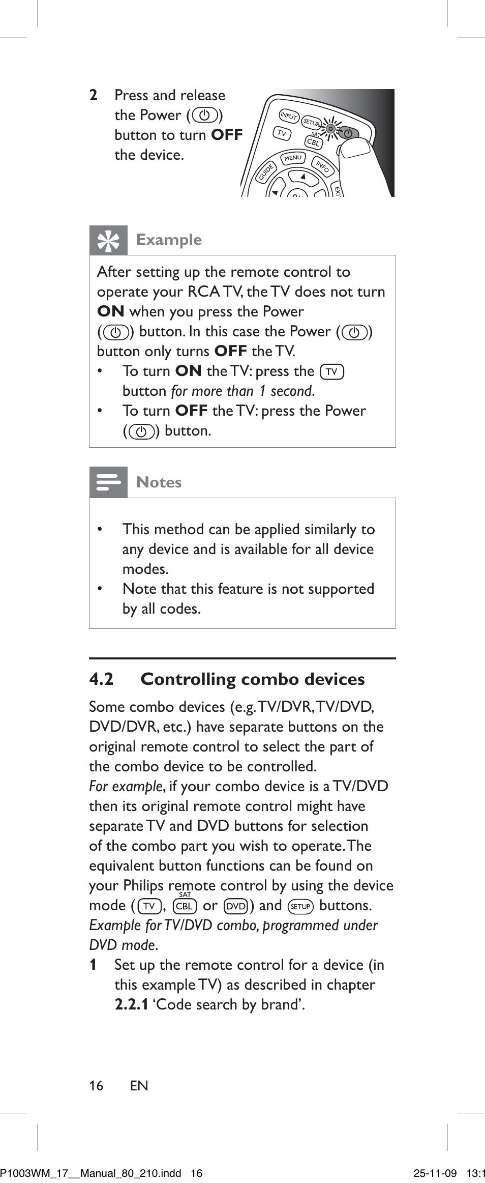 Example, Notes, Controlling combo devices | 2 controllingcombodevices, 2 controlling combo devices | Philips SRP1003WM/17 User Manual | Page 16 / 40