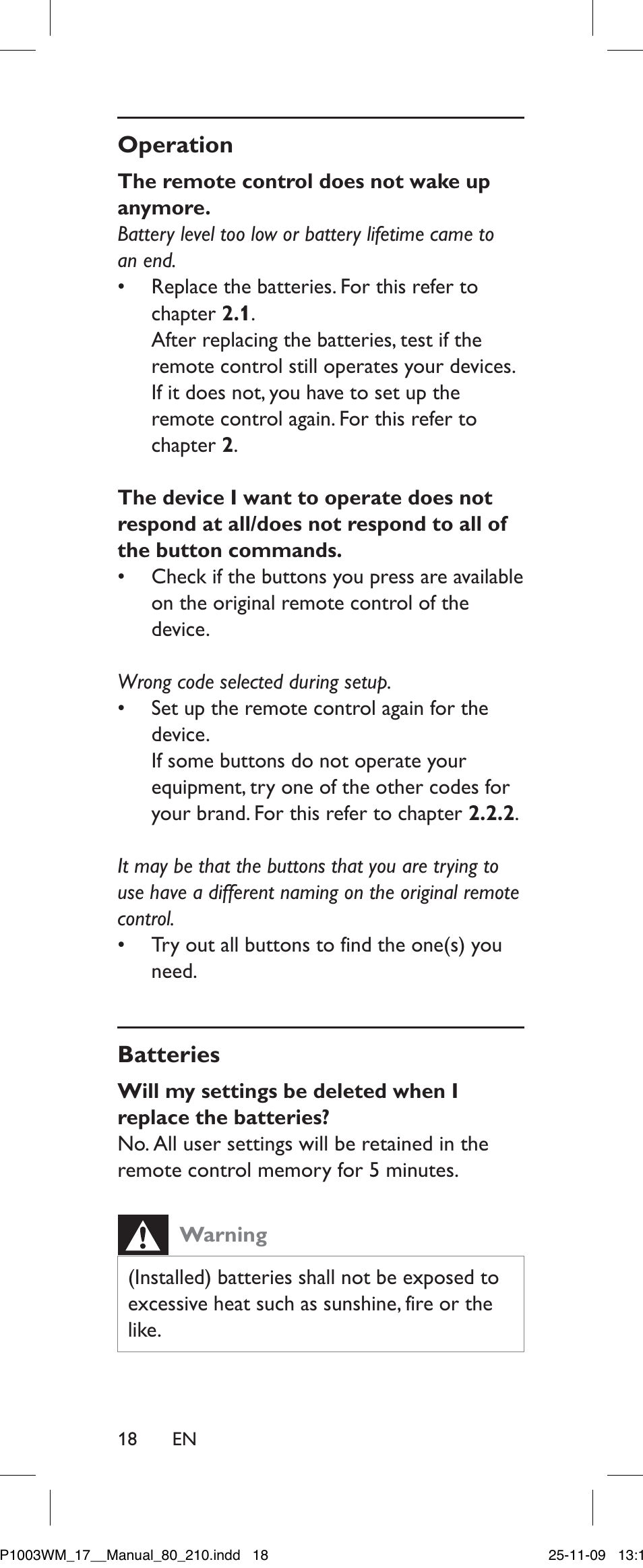 Operation, The remote control does not wake up anymore, Batteries | Warning | Philips SRP1003WM/17 User Manual | Page 18 / 40