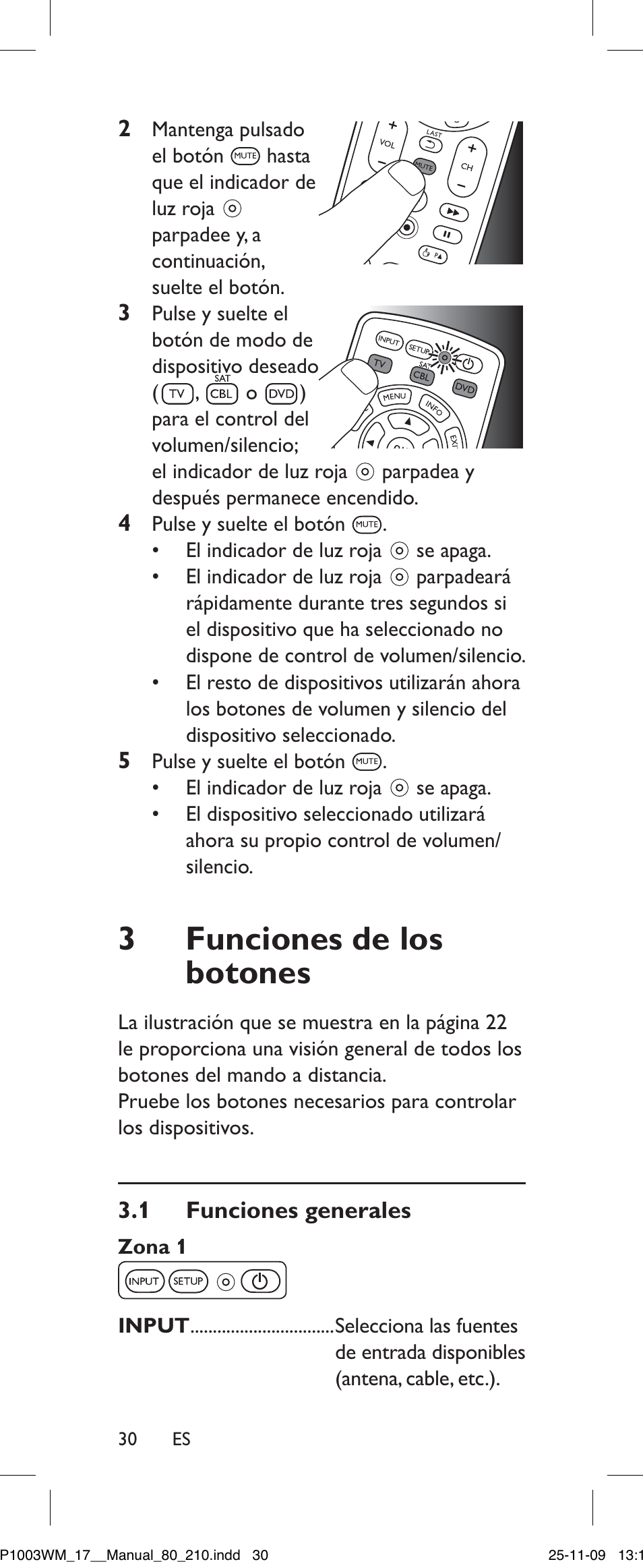 Funciones de los botones, 1 funciones generales, Zona 1 | Philips SRP1003WM/17 User Manual | Page 30 / 40