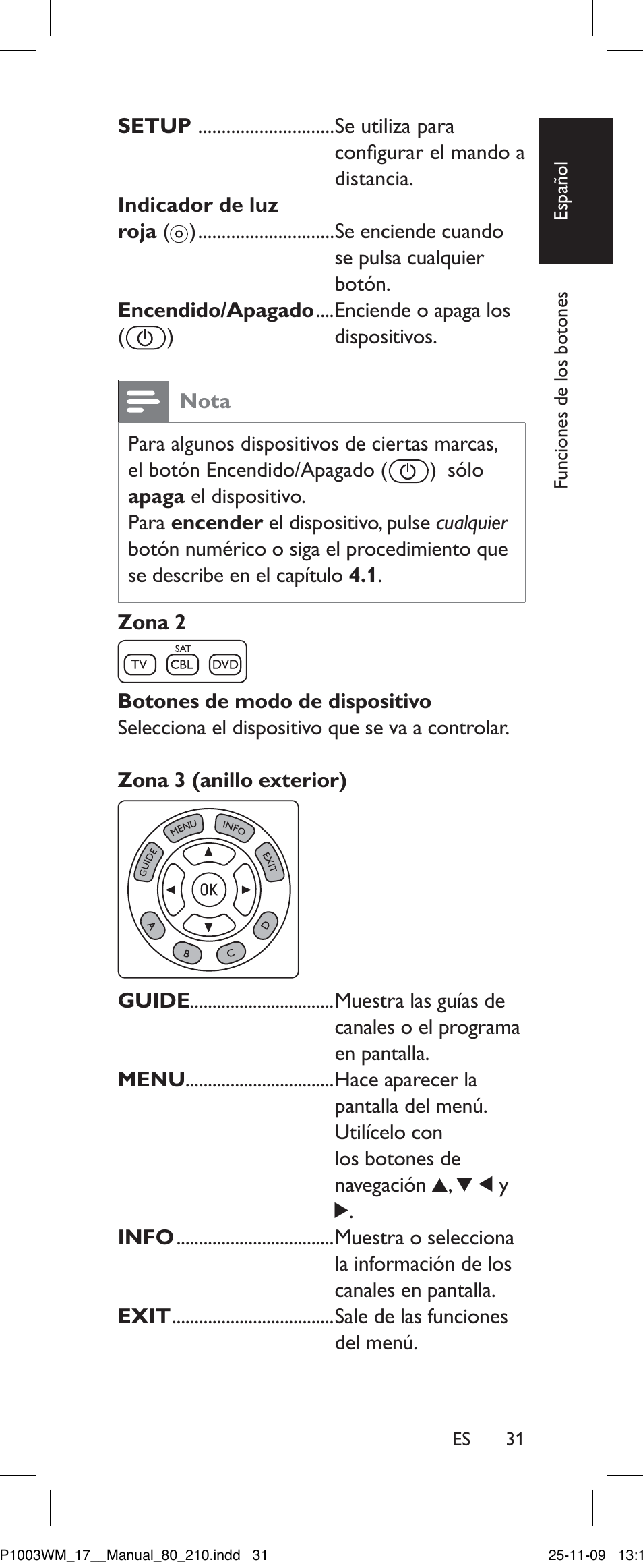 Nota, Zona 2, Botones de modo de dispositivo | Menu, Info, Exit | Philips SRP1003WM/17 User Manual | Page 31 / 40