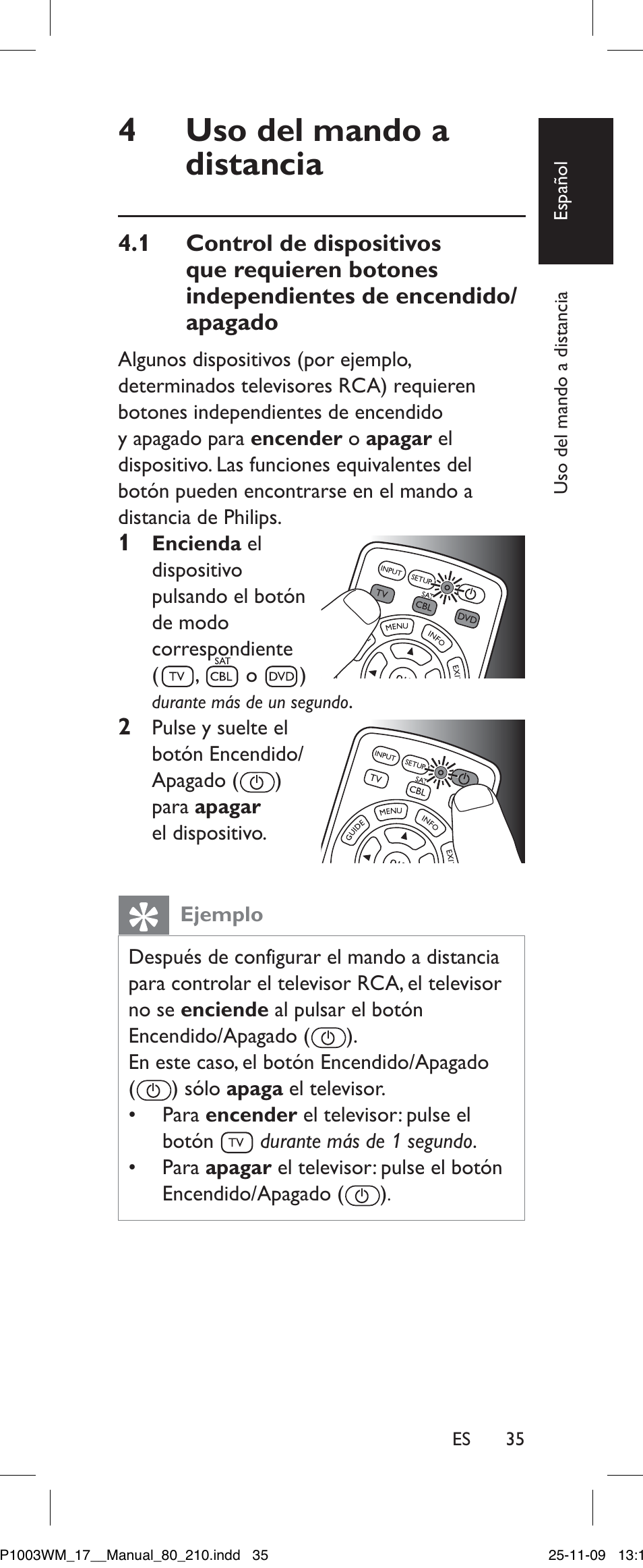 Uso del mando a distancia, Ejemplo | Philips SRP1003WM/17 User Manual | Page 35 / 40