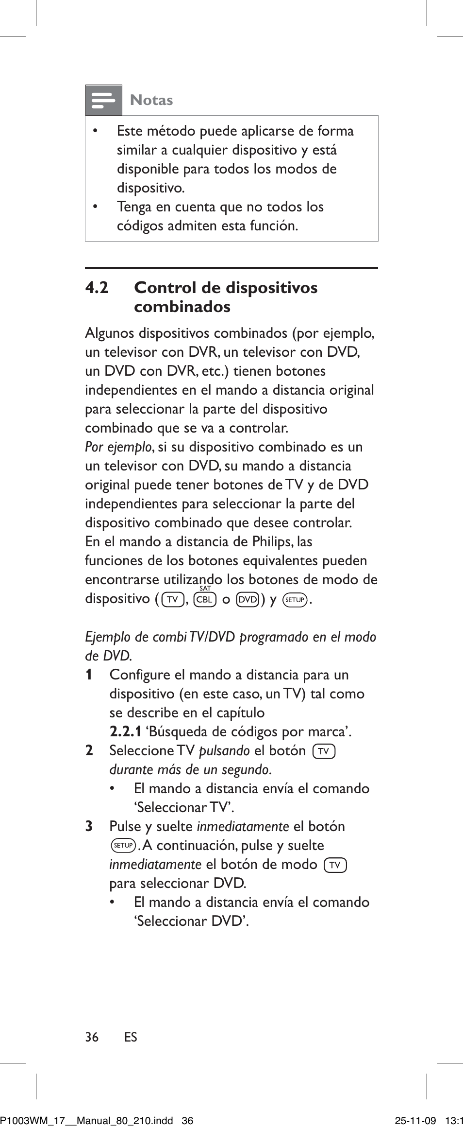 Control de dispositivos combinados, 2 control de dispositivos combinados, Notas | Philips SRP1003WM/17 User Manual | Page 36 / 40