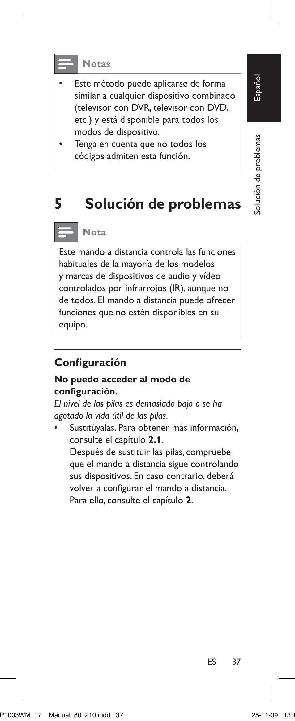 5 solución de problemas, Nota, Confíguración | Philips SRP1003WM/17 User Manual | Page 37 / 40