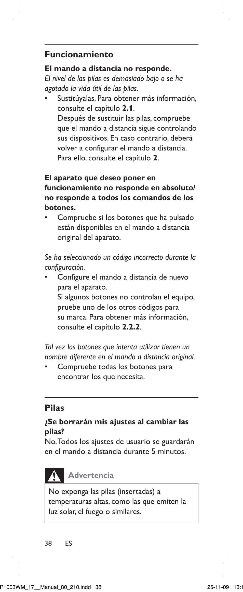 Funcionamiento, Pilas, Se borrarán mis ajustes al cambiar las pilas | Advertencia | Philips SRP1003WM/17 User Manual | Page 38 / 40