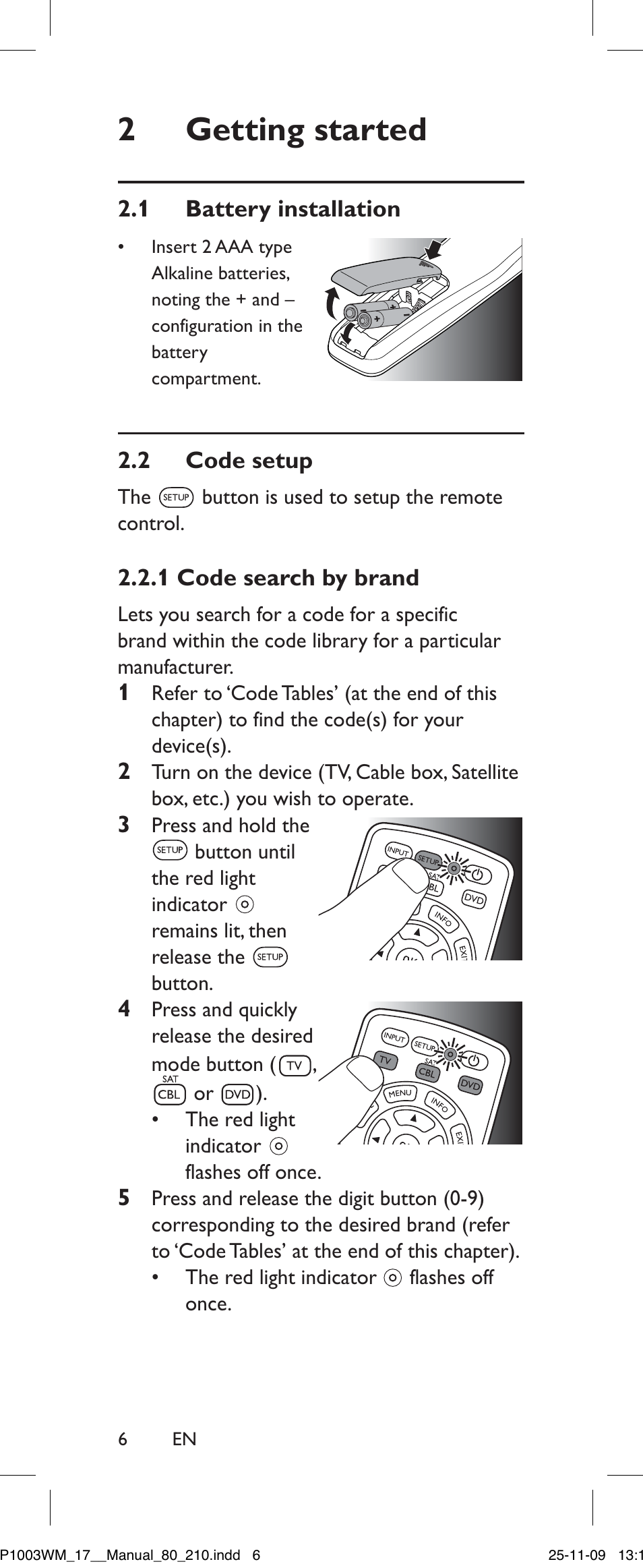 2 getting started, 1 battery installation, 2 code setup | 1 code search by brand, Getting started | Philips SRP1003WM/17 User Manual | Page 6 / 40