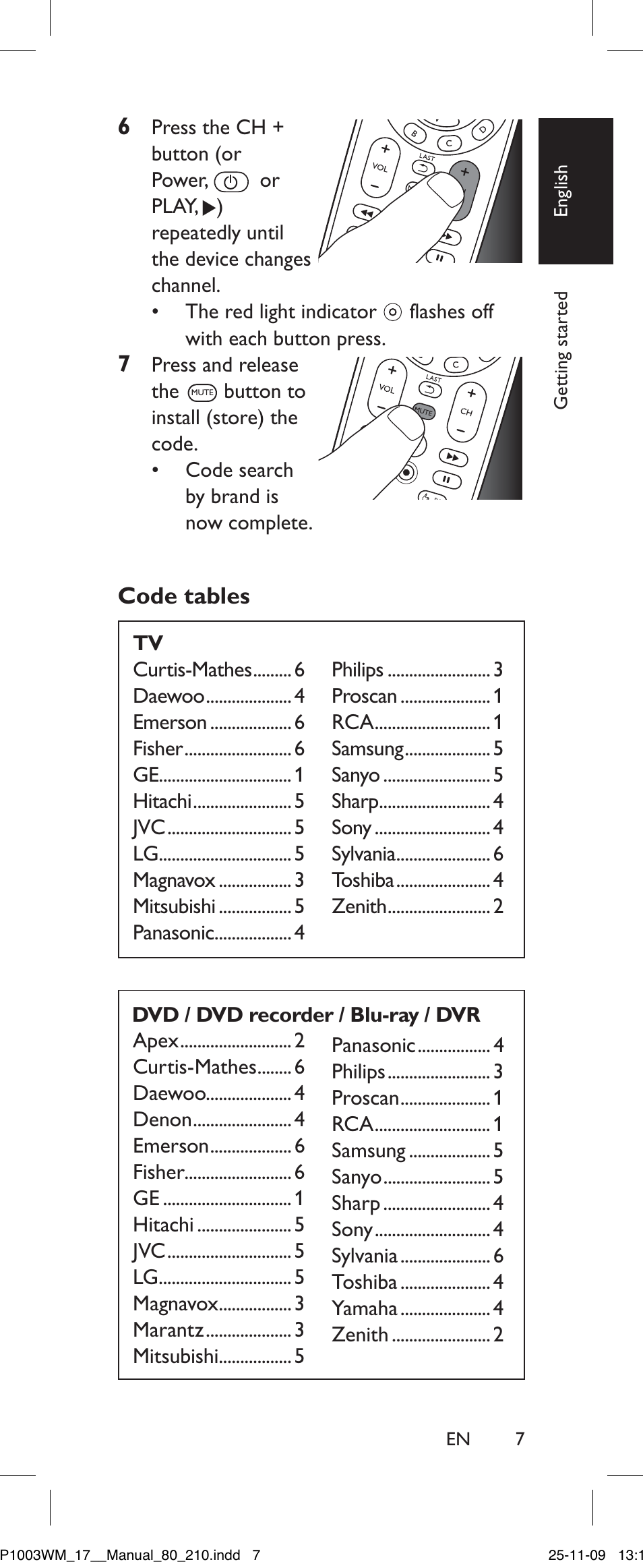 Code tables, Dvd / dvd recorder / blu-ray / dvr | Philips SRP1003WM/17 User Manual | Page 7 / 40