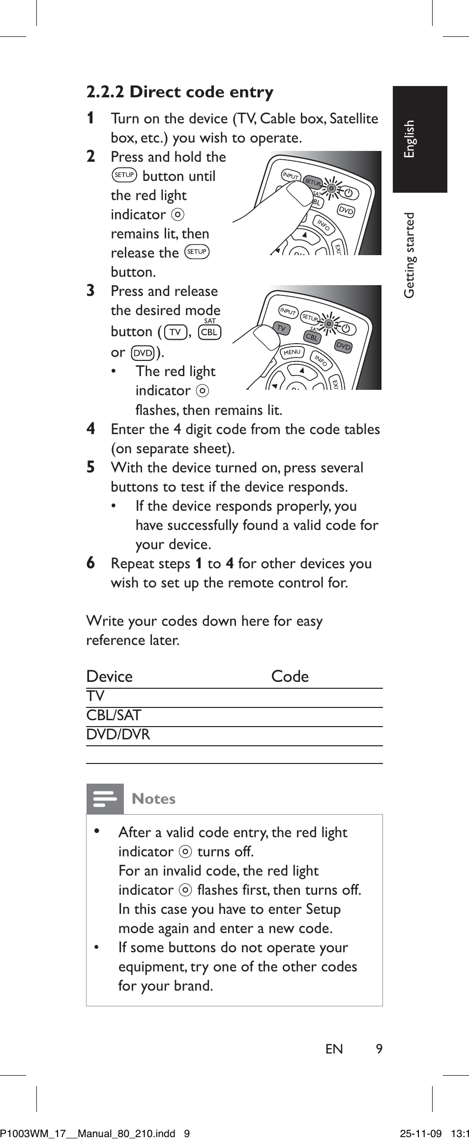 2 direct code entry, Notes, 2 direct code entry 1 | Philips SRP1003WM/17 User Manual | Page 9 / 40