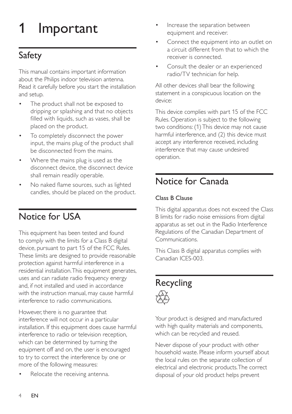 1 important, Safety, Notice for usa | Notice for canada, Recycling | Philips SDV1225T/27 User Manual | Page 4 / 12