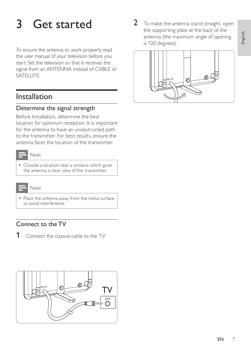 3 get started, Installation, Determine the signal strength | Connect to the tv | Philips SDV1225T/27 User Manual | Page 7 / 12