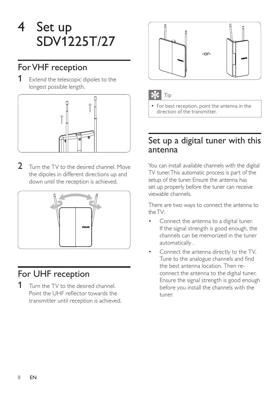 4 set up sdv1225t/27, For vhf reception, For uhf reception | Set up a digital tuner with this antenna, Set up a digital tuner with this, Antenna | Philips SDV1225T/27 User Manual | Page 8 / 12