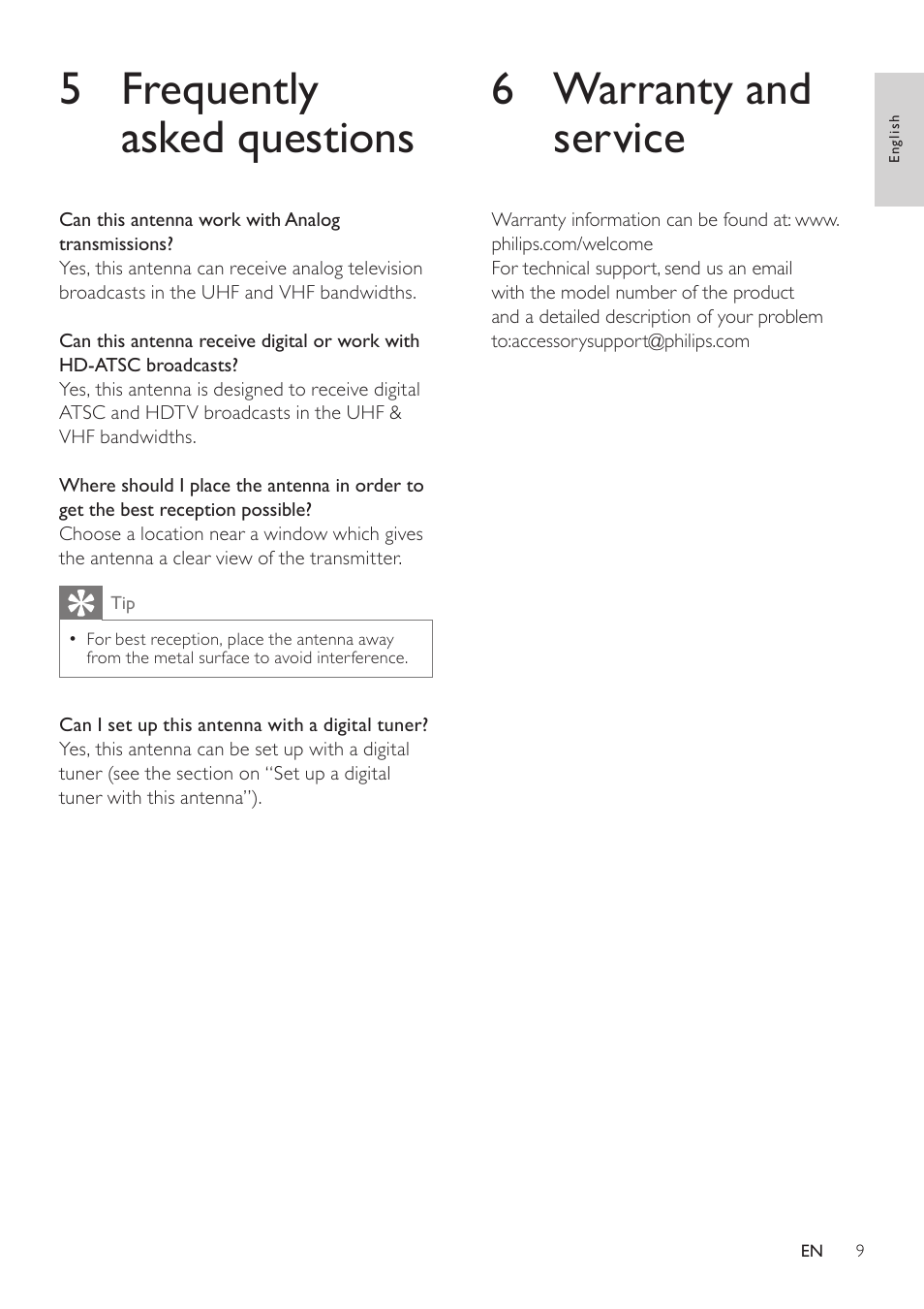 5 frequently asked questions, 6 warranty and service | Philips SDV1225T/27 User Manual | Page 9 / 12