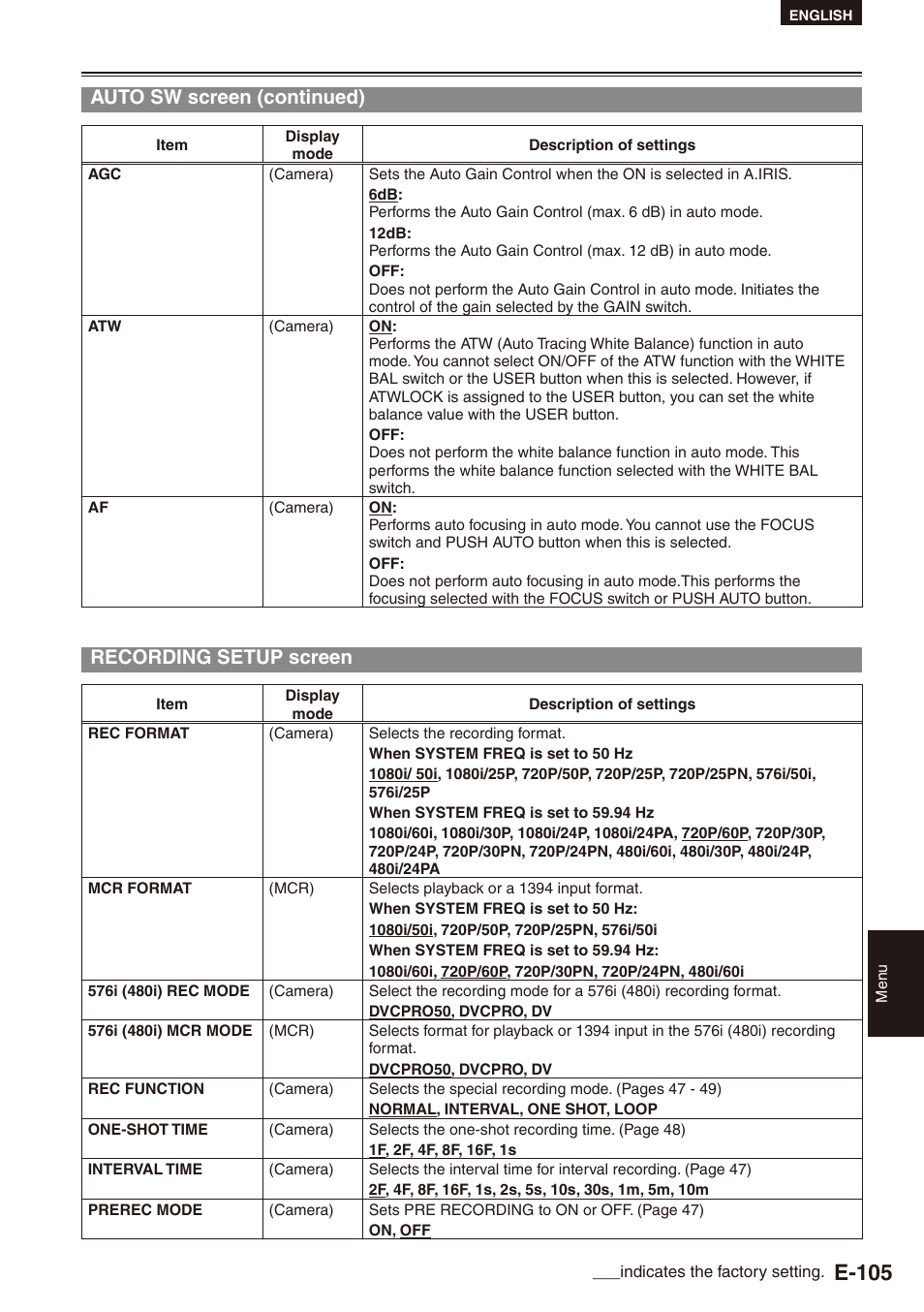 Recording setup screen, 105) on the recording setup, 105) enab | E-105, Auto sw screen (continued) | Philips SD AG-HPX171E User Manual | Page 105 / 131