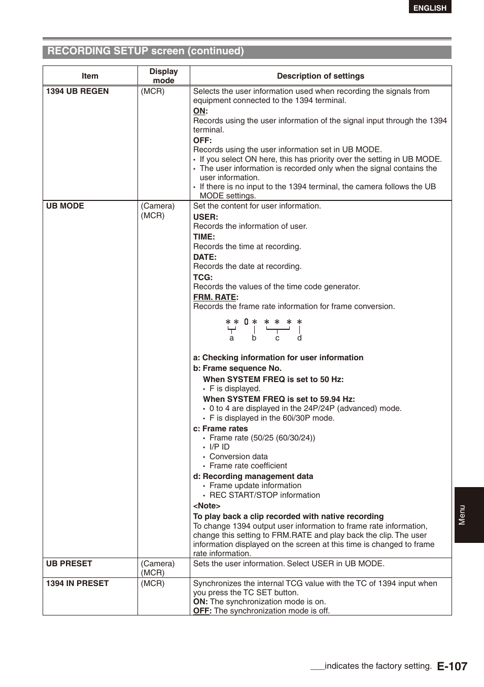 E-107, Recording setup screen (continued) | Philips SD AG-HPX171E User Manual | Page 107 / 131