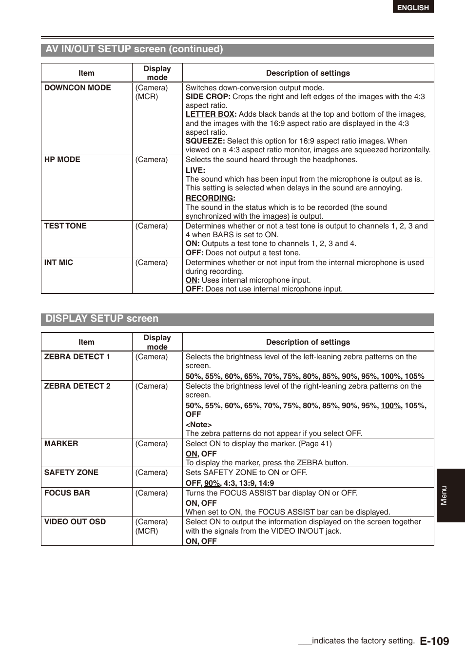 Display setup screen, E-109, Av in/out setup screen (continued) | Philips SD AG-HPX171E User Manual | Page 109 / 131