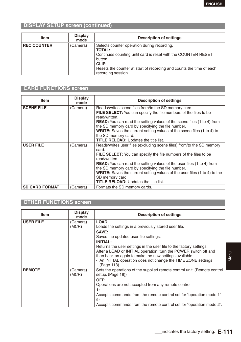 Card functions screen, Other functions screen, Card functions screen other functions screen | E-111, Display setup screen (continued) | Philips SD AG-HPX171E User Manual | Page 111 / 131