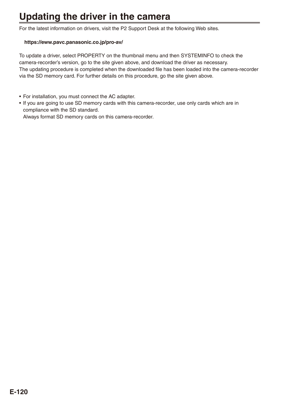 Updating the driver in the camera, Updating the driver in the camera 0 | Philips SD AG-HPX171E User Manual | Page 120 / 131