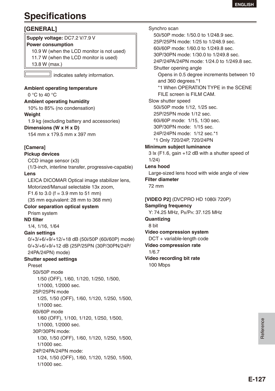 Specifications, Specifications 7, E-17 | Philips SD AG-HPX171E User Manual | Page 127 / 131