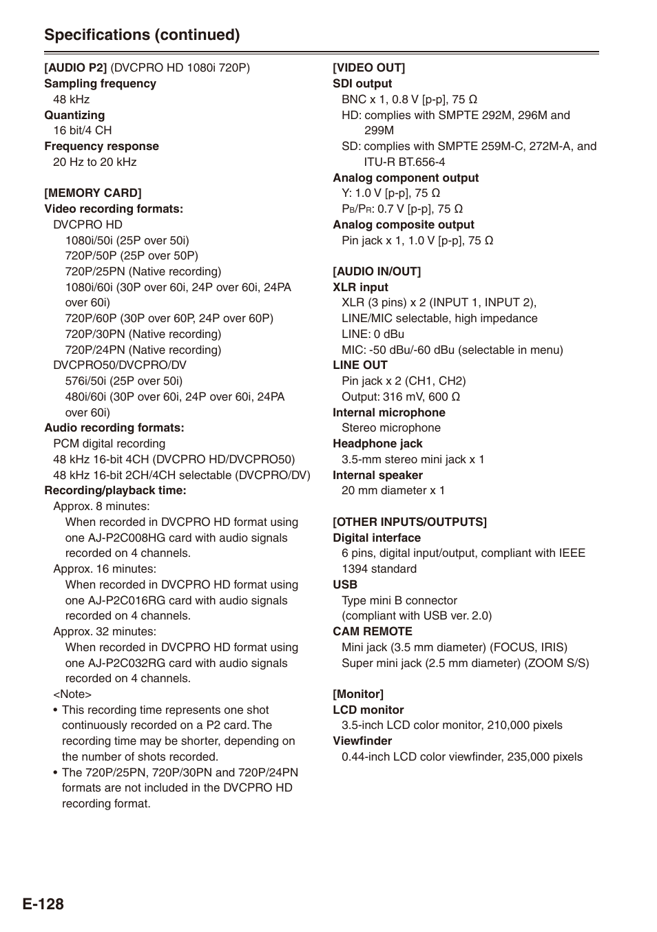 E-18, Specifications (continued) | Philips SD AG-HPX171E User Manual | Page 128 / 131