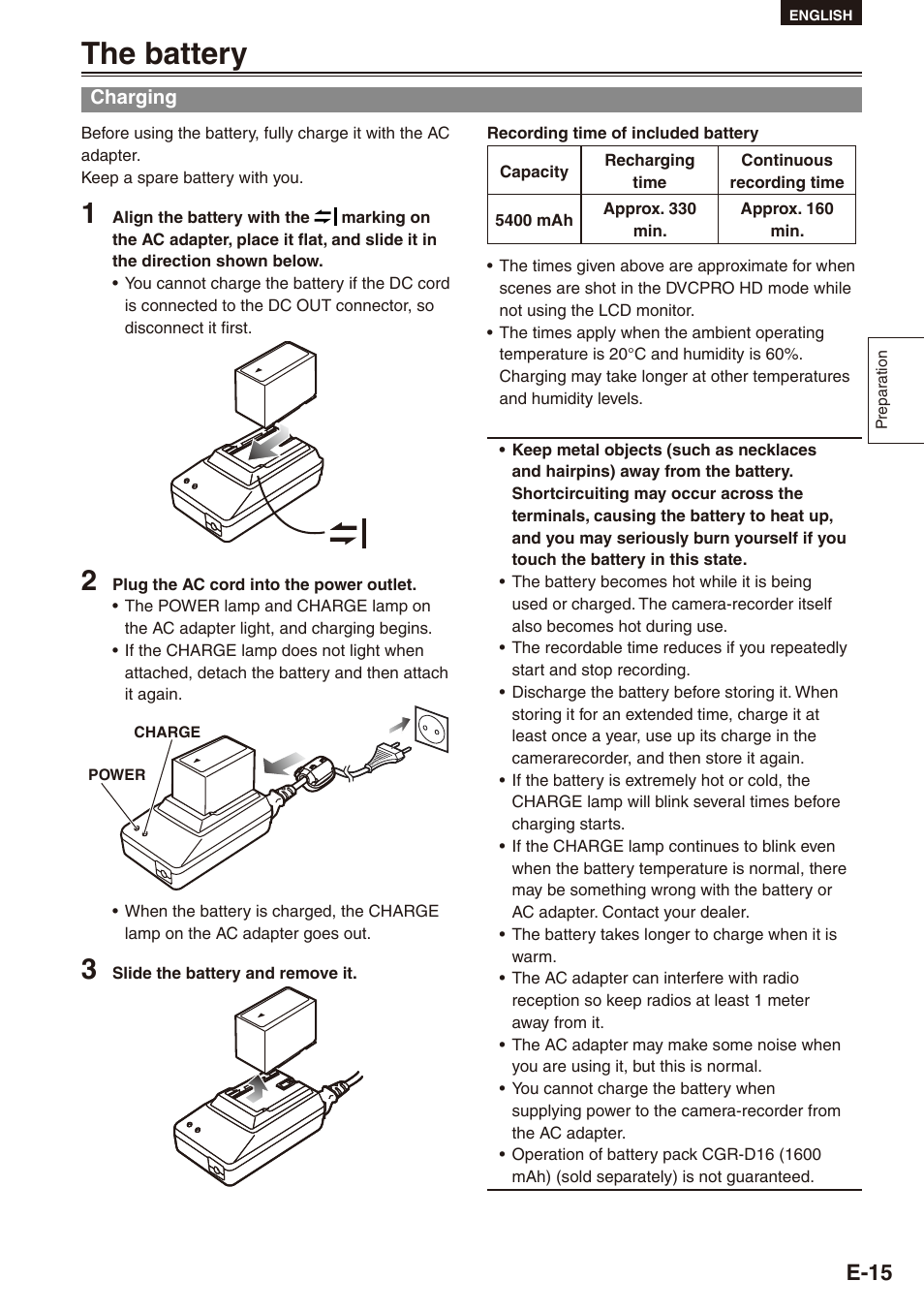 Preparation, The battery, Charging | E-15 | Philips SD AG-HPX171E User Manual | Page 15 / 131