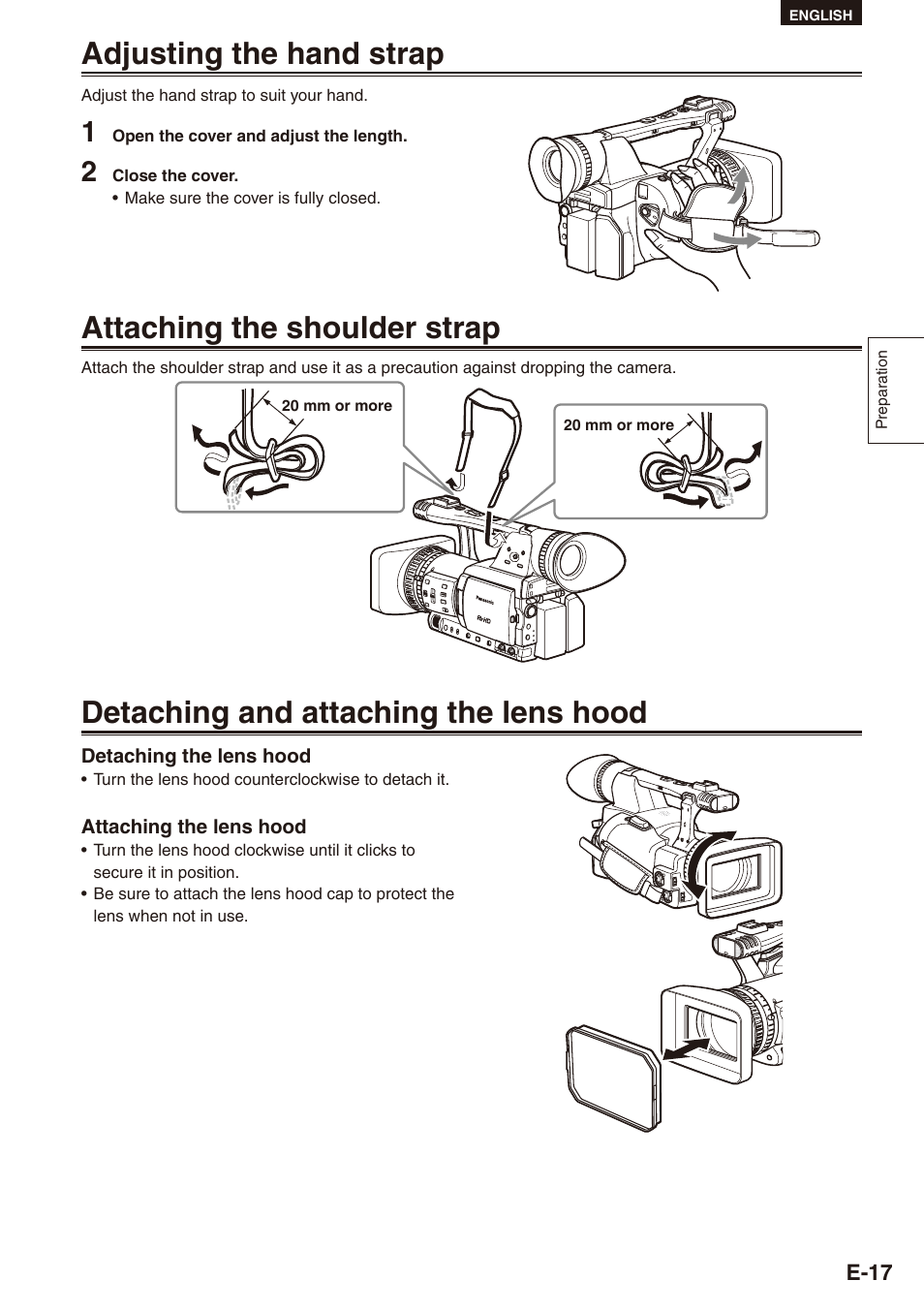 Adjusting the hand strap, Attaching the shoulder strap, Detaching and attaching the lens hood | Philips SD AG-HPX171E User Manual | Page 17 / 131