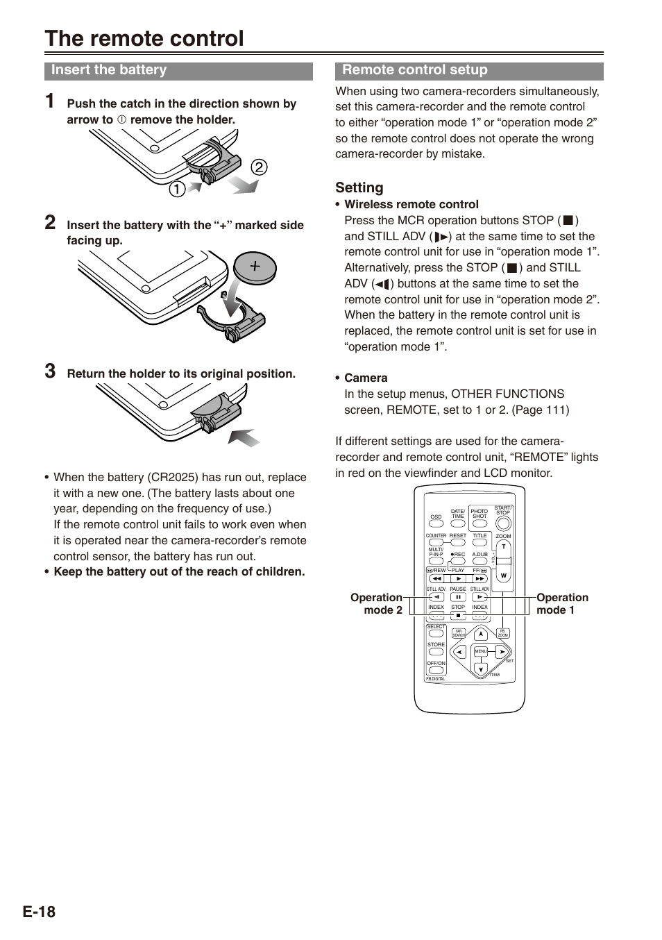 The remote control, Insert the battery, Remote control setup | Insert the battery remote control setup, E-18, Setting | Philips SD AG-HPX171E User Manual | Page 18 / 131